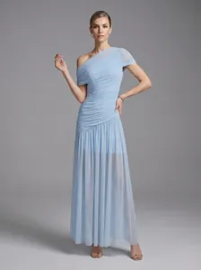 Elegant light blue one-shoulder mesh maxi dress with pleated waist and sheer skirt detail