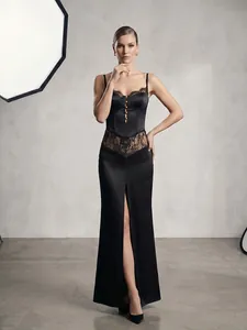 Elegant black satin camisole dress with lace patchwork and high front split detail
