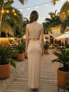 Vista trasera de un conjunto de vestido largo beige de dos piezas con cuello alto.