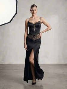 Elegant black slit camisole dress featuring lace patchwork and corset detailing