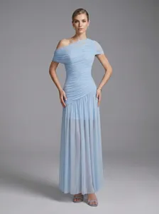 Detailed view of elegant light blue one-shoulder pleated mesh long dress for evening