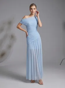 Women One Shoulder Mesh Maxi Dress Ruched Irregular Pleated Bodycon Sheer Hem Dress For Evening Party Vacation Long Dress