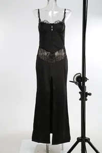 Elegant black slim fit slip dress featuring delicate lace patchwork and sexy high front slit