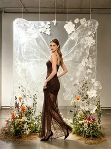 Elegant brown lace maxi evening gown with thin spaghetti straps and bodycon fit for parties