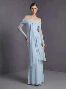 Vestido Maxi Azul Claro Hombros Descubiertos Nudo con Lazo Ajustado para Mujer Verano Slim Fit Banquete Noche Compromiso Elegante Gown