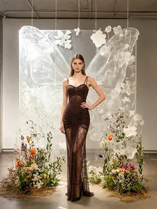 Elegant dark brown lace evening gown with sheer patchwork and pleated waist detail
