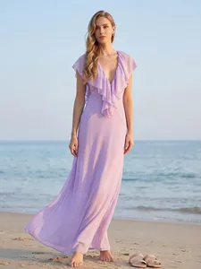 Elegant lavender deep V-neck evening dress with ruffle details for summer resort style