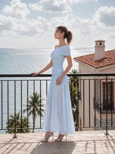 Elegant light blue one-shoulder mesh maxi dress with ruched details for vacation