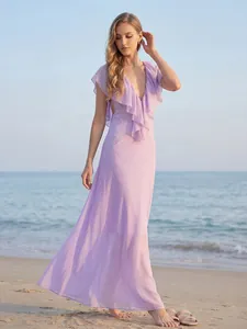 Elegant lavender deep V-neck ruffle backless maxi dress for summer beach vacation