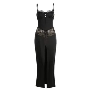 Elegant black spaghetti strap maxi dress with floral lace patchwork and high front slit.