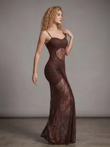 Profile view showing the intricate lace texture and cutout detail of the brown maxi dress