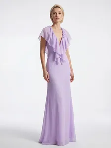 Full length front view of elegant lavender evening gown with deep V-neck and ruffles