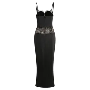 Back view of elegant black slim-fit maxi dress with delicate lace splicing details