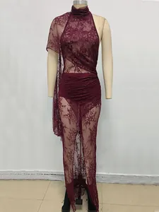 Elegant burgundy wine red lace maxi dress featuring high halter neck and sexy side slit