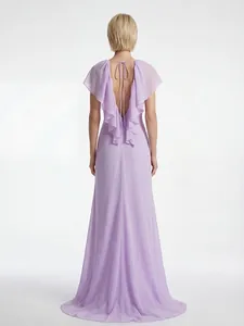 Back view detail of elegant lavender evening dress with deep V ruffled open back