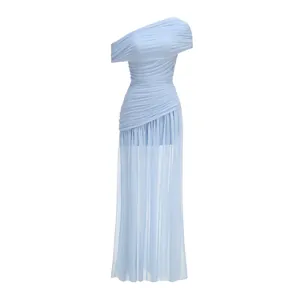 Light blue one-shoulder ruched mesh maxi dress with asymmetric sheer skirt detail