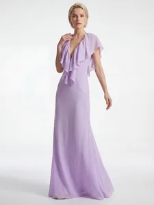 Elegant lavender floor-length evening gown with deep V-neck and ruffled flounce details