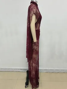 Detailed side view of a wine red floral lace sheer maxi dress displayed on a mannequin