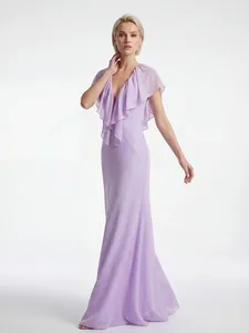 Elegant lavender deep V-neck evening maxi dress with ruffle detailing and slim high waist.