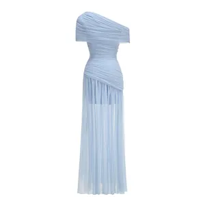 Elegant light blue one-shoulder mesh maxi dress with ruched details and a pleated bodice.