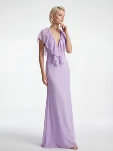 Elegant lavender evening dress featuring a deep V-neckline and tiered ruffle details.
