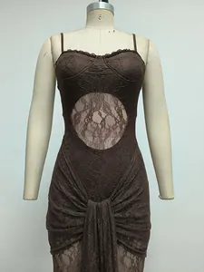 Detail view of brown lace bodycon dress with hollow-out design and ruched details
