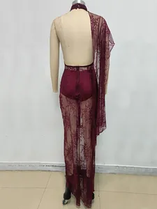 Detailed back view of a wine red lace backless maxi dress on a mannequin