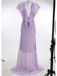 Detailed view of elegant lavender chiffon ruffled deep V-neck backless summer evening gown