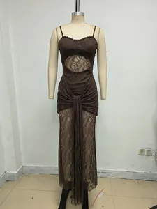Detail of brown hollow-out lace evening dress with spaghetti straps and pleats