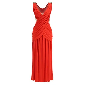 Vestido largo rojo sin mangas con cuello en V, elegante frente cruzado y detalle fruncido