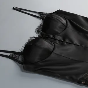 Detailed view of elegant black satin slip dress featuring delicate lace trim and straps
