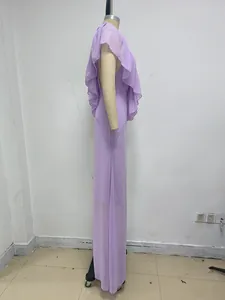 Side detail of lavender V-neck evening maxi dress with ruffle back and high waist