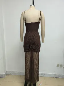 Back view of elegant brown ruched lace evening dress with spaghetti straps on mannequin