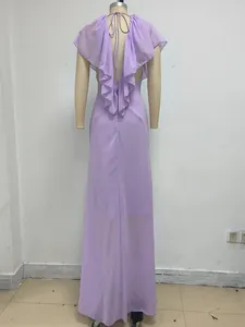 Detailed back view of elegant lavender evening maxi dress with ruffle backless design