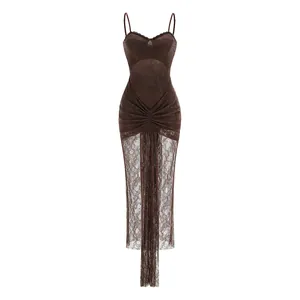 Elegant brown lace detail showing spaghetti straps and intricate pleated hollow-out design.