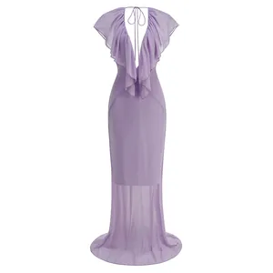 Macro view of purple evening dress featuring delicate ruffles and deep V-neckline