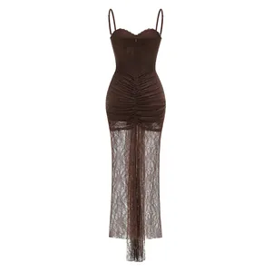 Back view of brown lace bodycon maxi dress with spaghetti straps and sheer skirt detail