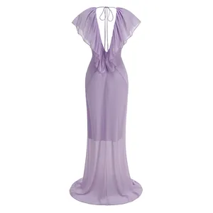 Detailed back view of lavender deep V-neck evening dress with ruffle sleeves and halter tie