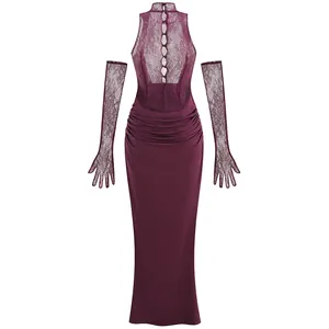 Plum lace patchwork halter evening gown with ruched detail and matching lace gloves.