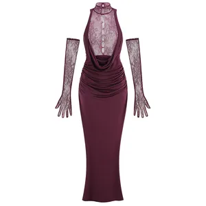 Detailed view of burgundy halter evening dress featuring lace splicing and matching gloves