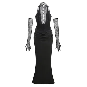 Elegant black halter neck lace patchwork evening gown with matching long lace gloves