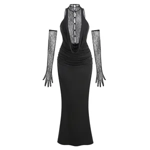Elegant black halter evening dress with lace patchwork and matching long lace gloves.