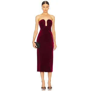 Vestido Midi de Terciopelo Rojo Vino Sin Tirantes Elegante Ajustado Fruncido Vestido de Noche para Mujer Otoño Invierno Sexy