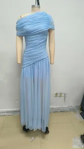 Detailed view of light blue one-shoulder pleated mesh long dress for elegant evening events