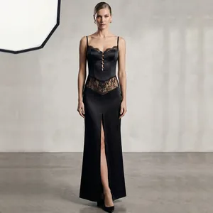 Elegant Women Black Lace Patchwork Maxi Dress Sexy V Neck Sleeveless Slit Satin Party Evening Gown Long Bodycon Dress