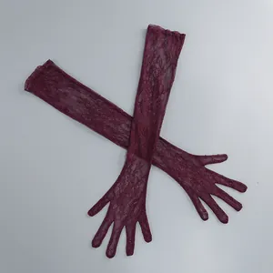 Detail of long burgundy floral lace gloves for an elegant evening outfit