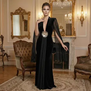 Vestido Maxi Sexy para Mujer Cuello en V Espalda Descubierta Malla Transparente Manga Larga Elegante Vestido de Fiesta Banquete Boda Negro