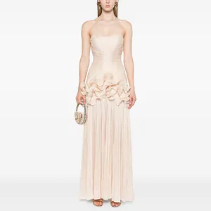 Elegant French Celebrity Strapless Sleeveless Polyester Evening Dress Spliced Ruffle Long Bodycon Party Gown For Women