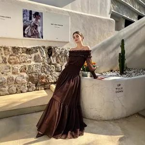 Vestido Largo Sexy Hombros Descubiertos Manga Larga Nido de Abeja Volantes para Mujer Marrón Oscuro Elegante Ajustado
