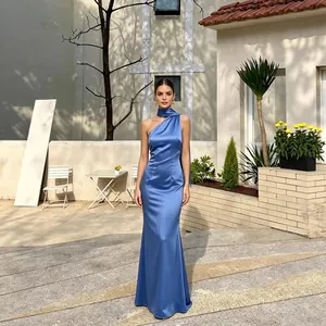 Vestido Largo de Satén Azul Real Cuello Halter Sin Espalda Estilo Socialité Cinta Fluida Vestido de Noche Formal Mujer Sin Mangas Corte A